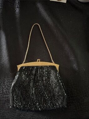 Whiting & Davis Black Sequin Clutch with Gold Frame